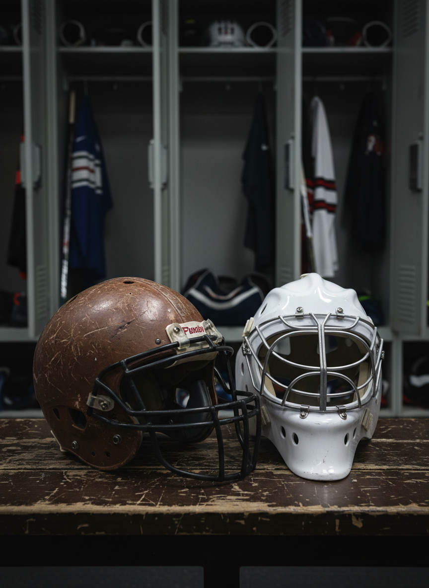 A close-up photographic realism shot of a well-worn leather football helmet and a polished hockey goalie mask resting side by side on a scuffed wooden locker room bench. The metallic cage of the mask catches a strip of cool overhead fluorescent light, while the helmet’s matte surface shows tiny scratches and paint transfers from years of play. In the blurred background, open metal lockers, hanging jerseys without bodies, and neatly arranged equipment bags suggest an active sports environment without showing people. The lighting is moody and directional, creating pockets of shadow that add depth and seriousness. Captured at eye level with shallow depth of field, the mood is professional, reflective, and authentic to behind-the-scenes sports media.