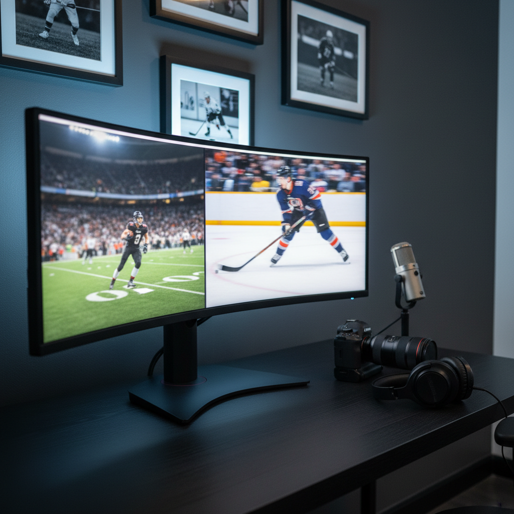 A clean, professional photographic realism image of a sleek sports media workspace dedicated to covering SEC and NHL action. A large ultra-wide monitor on a minimalist black desk displays a split-screen of a frozen frame from a nighttime football game and a high-speed hockey play, both blurred just enough to avoid specific teams. A high-end DSLR camera body with a long telephoto lens rests beside a pair of noise-cancelling headphones and a small stainless-steel microphone. Soft, cool-toned LED strip lighting behind the monitor casts a subtle glow on a dark textured wall, where framed, text-free sports photos hang. Shot from a slightly elevated angle with sharp focus, the mood is focused, modern, and journalistic, conveying the professionalism behind in-depth sports coverage.