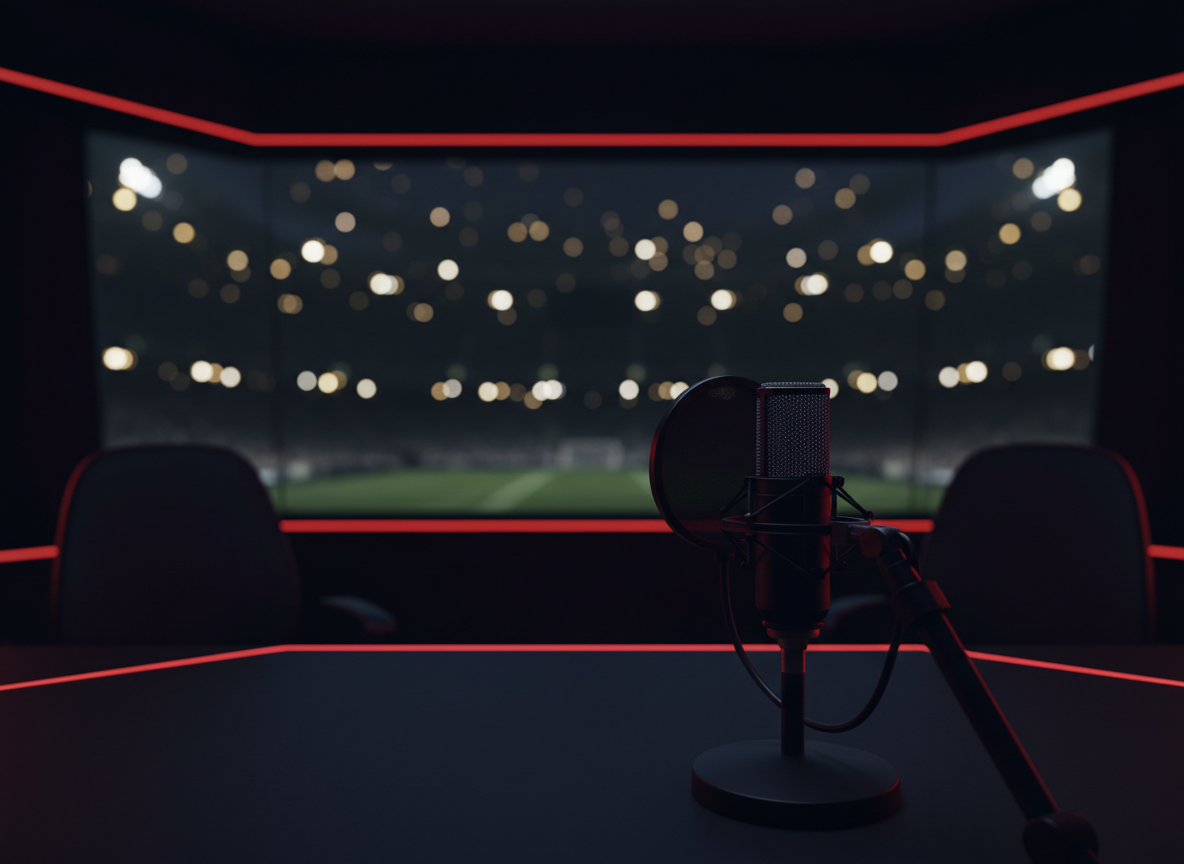 Sports podcast broadcasting studio with microphone under red-tinted lighting